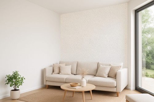 m50-sciana.jpgNowoczesne wnętrze z dekoracyjną ścianą wykończoną tynkiem mozaikowym Adexbud Marmurex Quartz w kolorze Biały kwarcowy M50 – elegancki, jasny akcent za sofą
