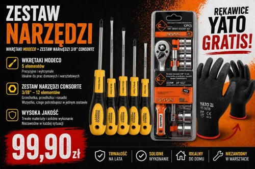 Zestaw narzędzi warsztatowych w promocyjnej cenie: wkrętaki Modeco, komplet kluczy nasadowych 3/8 Consorte oraz ochronne rękawice Yato gratis.