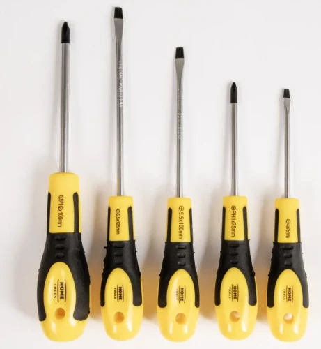 Zestaw 5 śrubokrętów płaskich i krzyżakowych Home Tools z ergonomicznymi żółto-czarnymi uchwytami