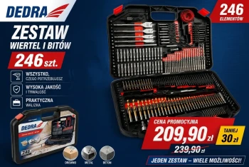 Zestaw wierteł, bitów, końcówek wkrętakowych, otwornic do drewna 246szt. Dedra