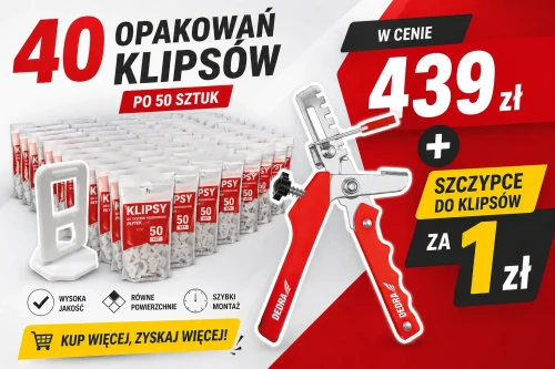 Zestaw do poziomowania płytek Dedra składający się z 40 opakowań klipsów (2000 sztuk) oraz profesjonalnych szczypiec do glazury w promocyjnej cenie.