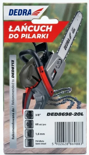 Opakowanie łańcucha DEDRA DED8698-20L do pilarki z widocznymi parametrami technicznymi i kodem kreskowym.
