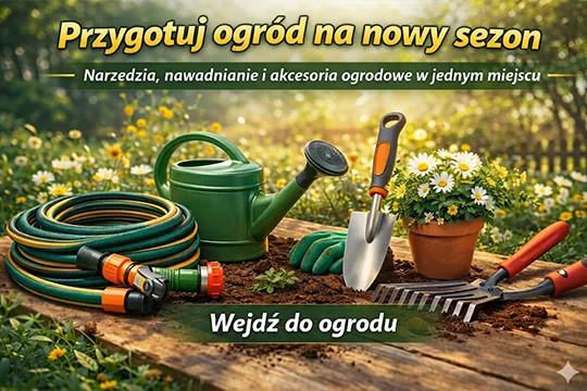 Narzędzia ogrodowe na wiosnę – wąż ogrodowy, konewka, łopatka i grabie do przygotowania ogrodu na nowy sezon