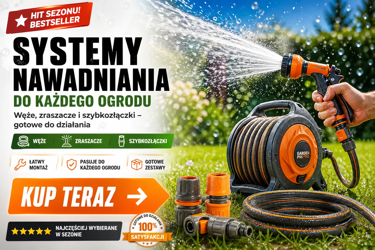 Zestaw do nawadniania ogrodu składający się z bębna na wąż, zraszacza pistoletowego oraz szybkozłączek. Reklamowy baner z napisem Systemy Nawadniania Do Każdego Ogrodu, podkreślający łatwy montaż i gotowe zestawy.