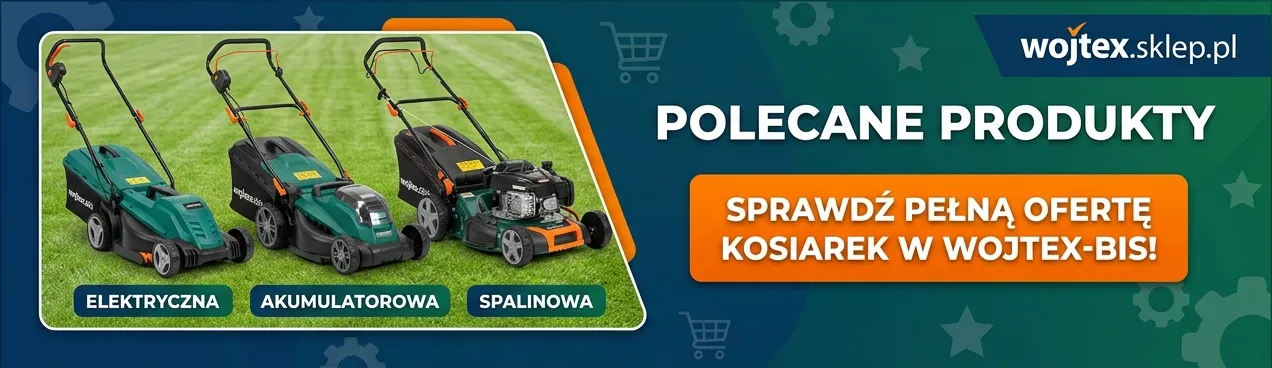Profesjonalny baner reklamowy sklepu wojtex.sklep.pl prezentujący polecane produkty. Po lewej stronie trzy kosiarki na trawniku: elektryczna, akumulatorowa i spalinowa. Po prawej napis "POLECANE PRODUKTY" oraz pomarańczowy przycisk CTA z hasłem "SPRAWDŹ PEŁNĄ OFERTĘ KOSIAREK W WOJTEX-BIS!". Tło granatowo-zielone z ikonami zakupowymi.