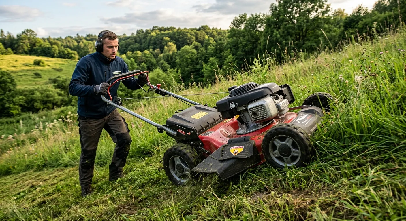 Mężczyzna w ochronnych słuchawkach kosi wysoką trawę na stromej, zielonej pochyłości używając solidnej kosiarki spalinowej z napędem