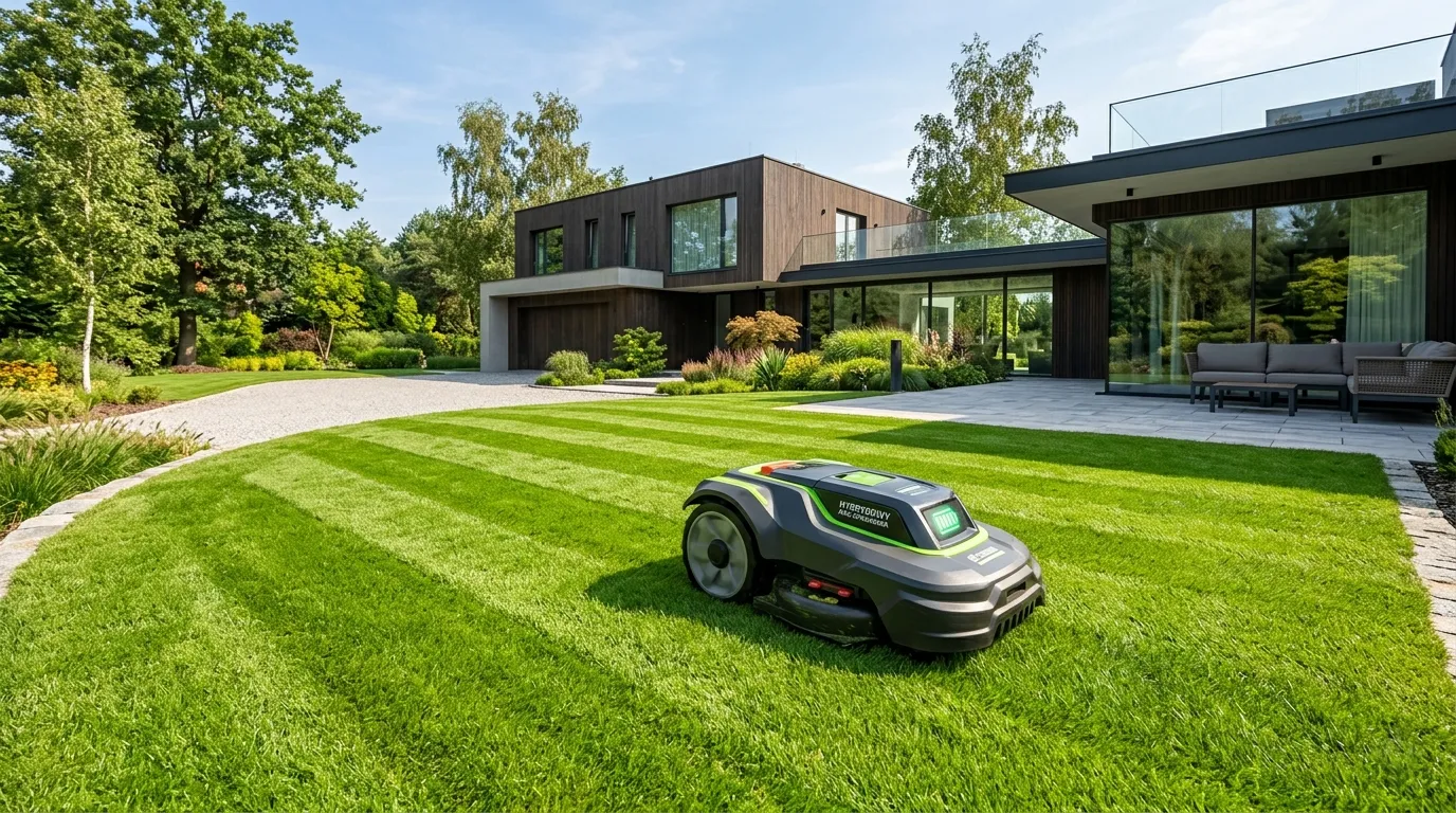 Nowoczesna, inteligentna kosiarka automatyczna (robot koszący) pracująca na idealnie przystrzyżonym, zielonym trawniku przed nowoczesnym domem w słoneczny dzień. Model hybrydowy akumulatorowo-spalinowy z widocznym wskaźnikiem naładowania.