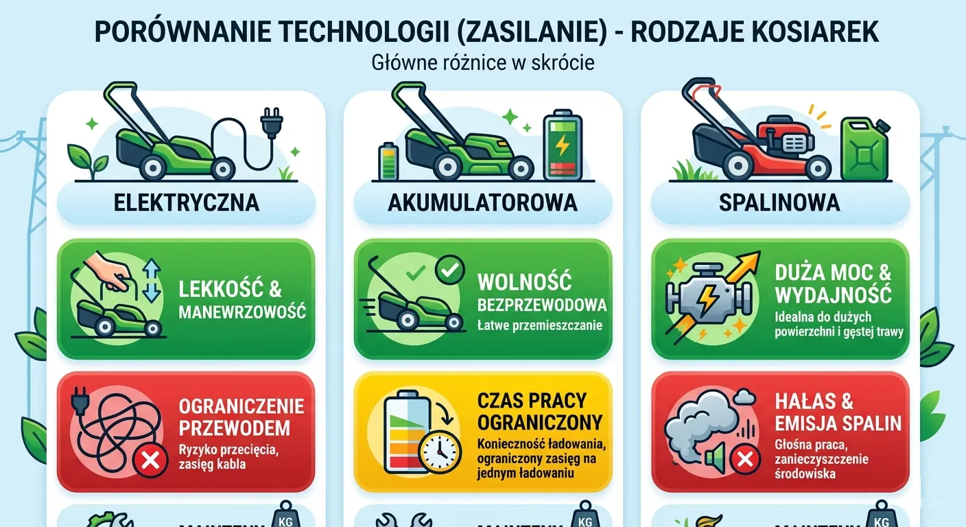 Infografika przedstawiająca zestawienie cech trzech rodzajów kosiarek: elektrycznej, akumulatorowej i spalinowej. Tabela graficzna porównuje zalety (zielony kolor) i wady (czerwony/żółty kolor) zasilania, takie jak mobilność, moc, czas pracy i emisja hałasu