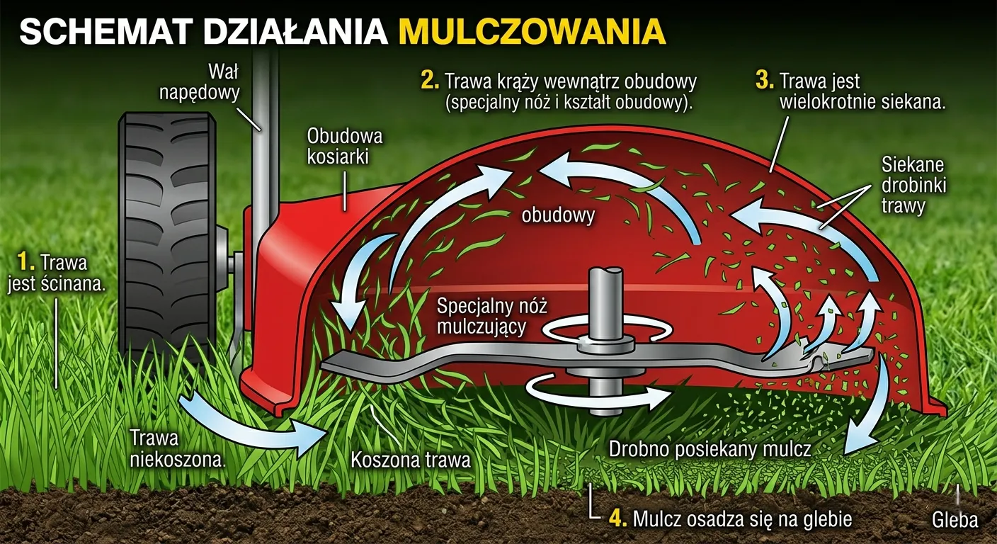 Graficzny przekrój przez obudowę kosiarki mulczującej, pokazujący 4 etapy obiegu trawy: ścinanie, krążenie wewnątrz, wielokrotne siekanie przez specjalny nóż oraz opadanie drobnego mulczu na glebę