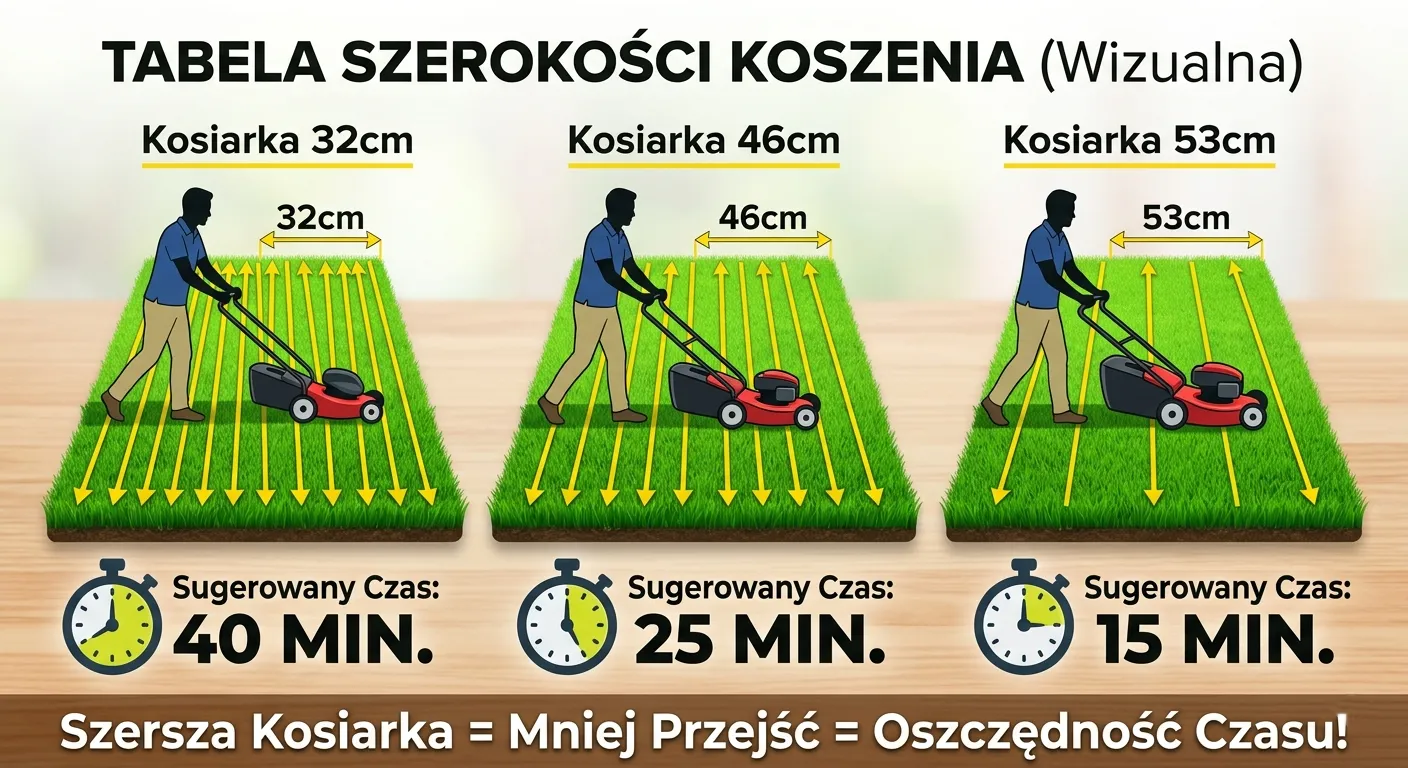 Infografika pokazująca porównanie czasu koszenia trawnika trzema różnymi szerokościami kosiarek: 32cm (40 min, dużo przejść), 46cm (25 min, średnio) i 53cm (15 min, najmniej przejść). Wizualizacja dowodzi, że szersza kosiarka pozwala na szybszą pracę.