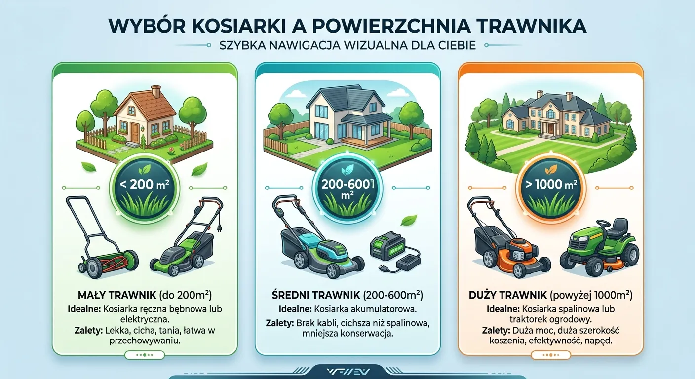 Przejrzysta infografika pokazująca dobór kosiarki (elektryczna, akumulatorowa, spalinowa) w zależności od powierzchni trawnika: do 200m², 200-600m², powyżej 1000m².