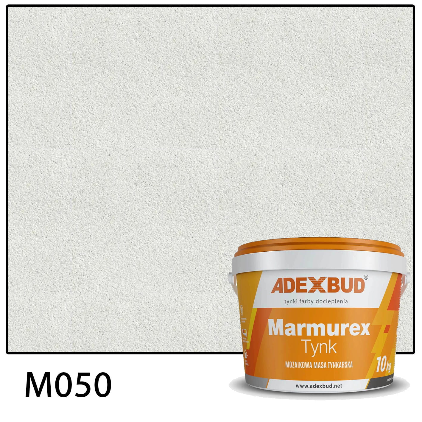Próbka tynku mozaikowego Adexbud Marmurex Quartz w kolorze Biały kwarcowy M50 z wiadrem 10 kg – delikatna, jasna struktura z efektem naturalnej miki