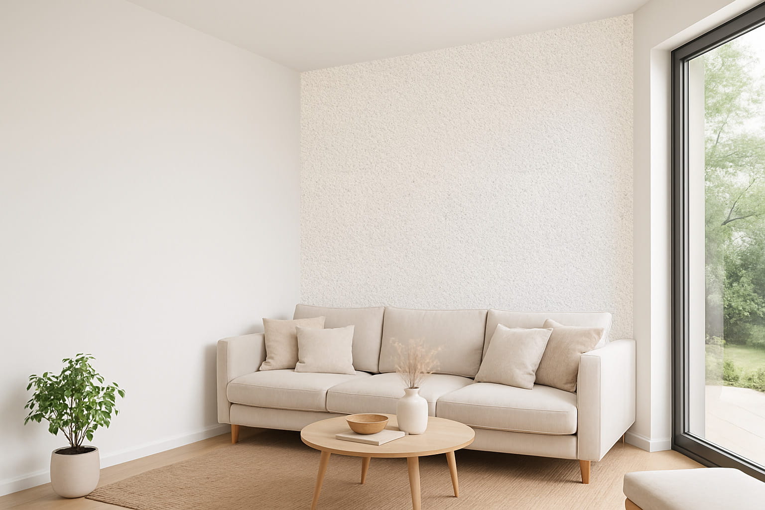 Nowoczesne wnętrze z dekoracyjną ścianą wykończoną tynkiem mozaikowym Adexbud Marmurex Quartz w kolorze Biały kwarcowy M50 – elegancki, jasny akcent za sofą