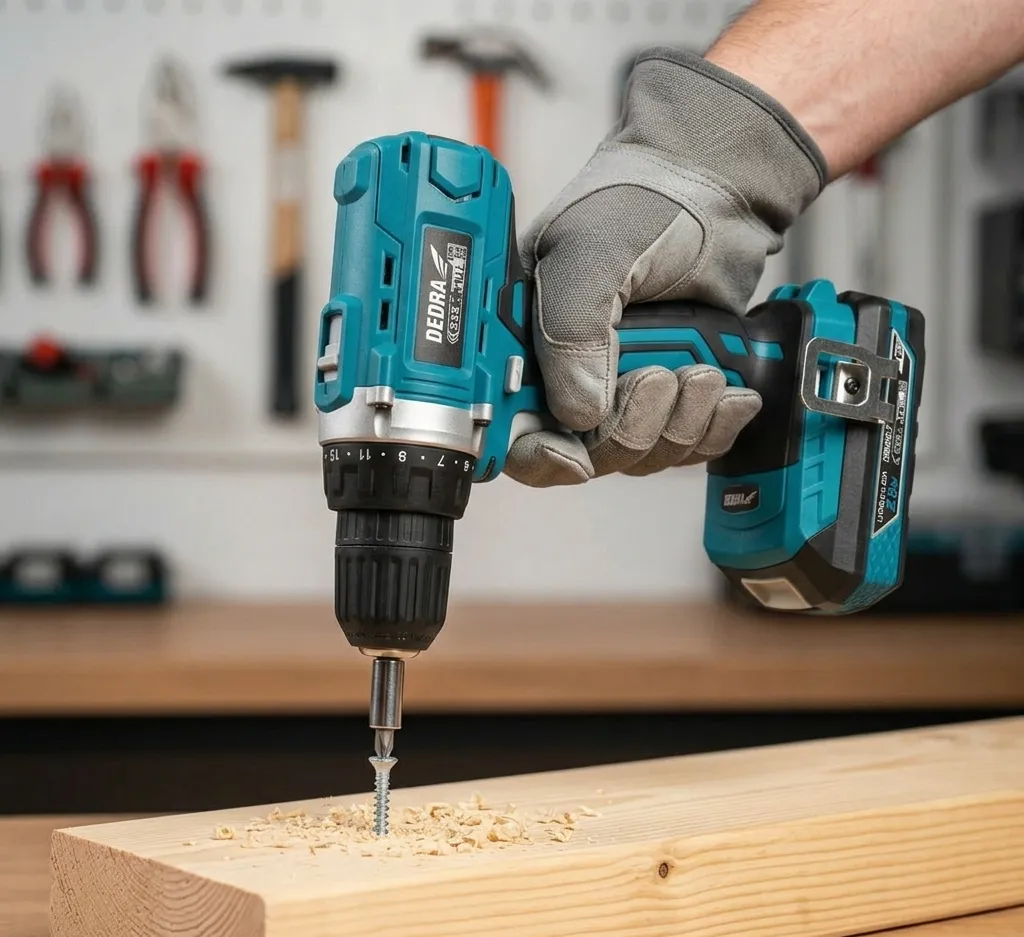 Wkrętarka akumulatorowa Dedra podczas wkręcania wkręta w drewnianą deskę