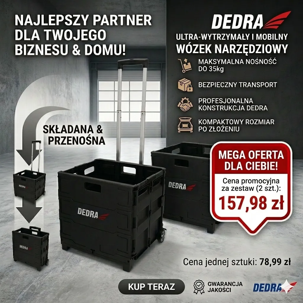 Składany wózek narzędziowy Dedra z teleskopową rączką w zestawie promocyjnym