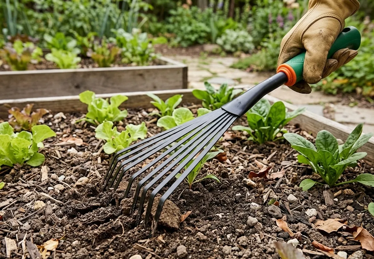 Ręczne grabki wachlarzowe używane do spulchniania ziemi na grządce warzywnej między młodymi roślinami.