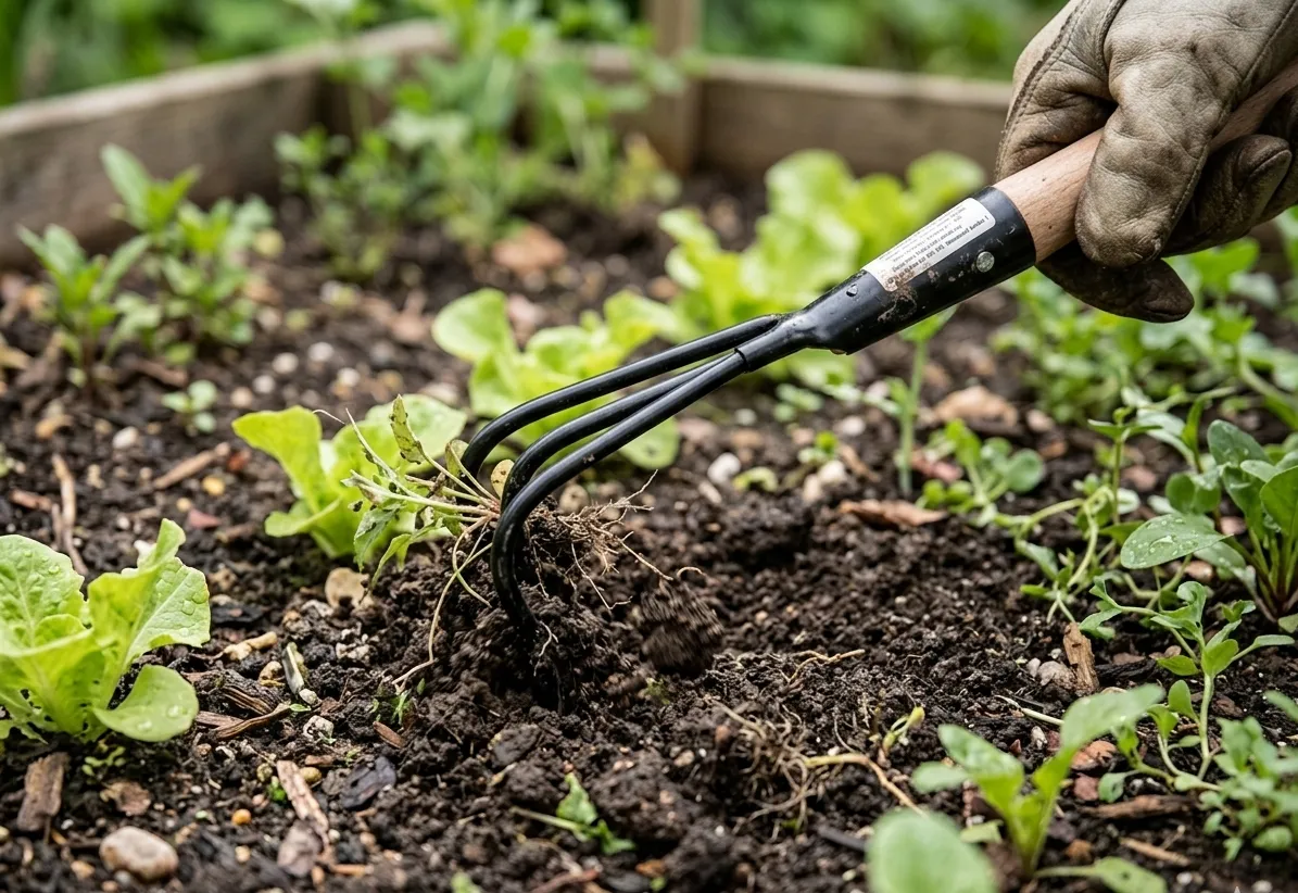 Dłoń w skórzanej rękawicy ogrodowej używa małych, czarnych pazurków z drewnianą rękojeścią do usuwania chwastów wokół młodych sadzonek warzyw w podwyższonej grządce.