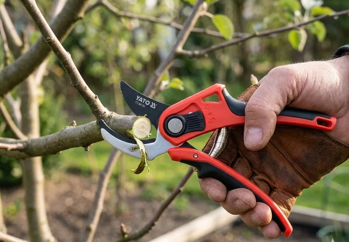 Ogrodnik w skórzanych rękawicach przycina gałąź drzewa owocowego za pomocą sekatora kowadełkowego YATO w ogrodzie.
