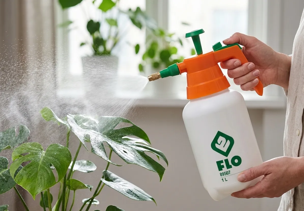 Ogrodnik używa 1-litrowego opryskiwacza ciśnieniowego FLO do zraszania liści dużej monstery w jasnym pomieszczeniu.