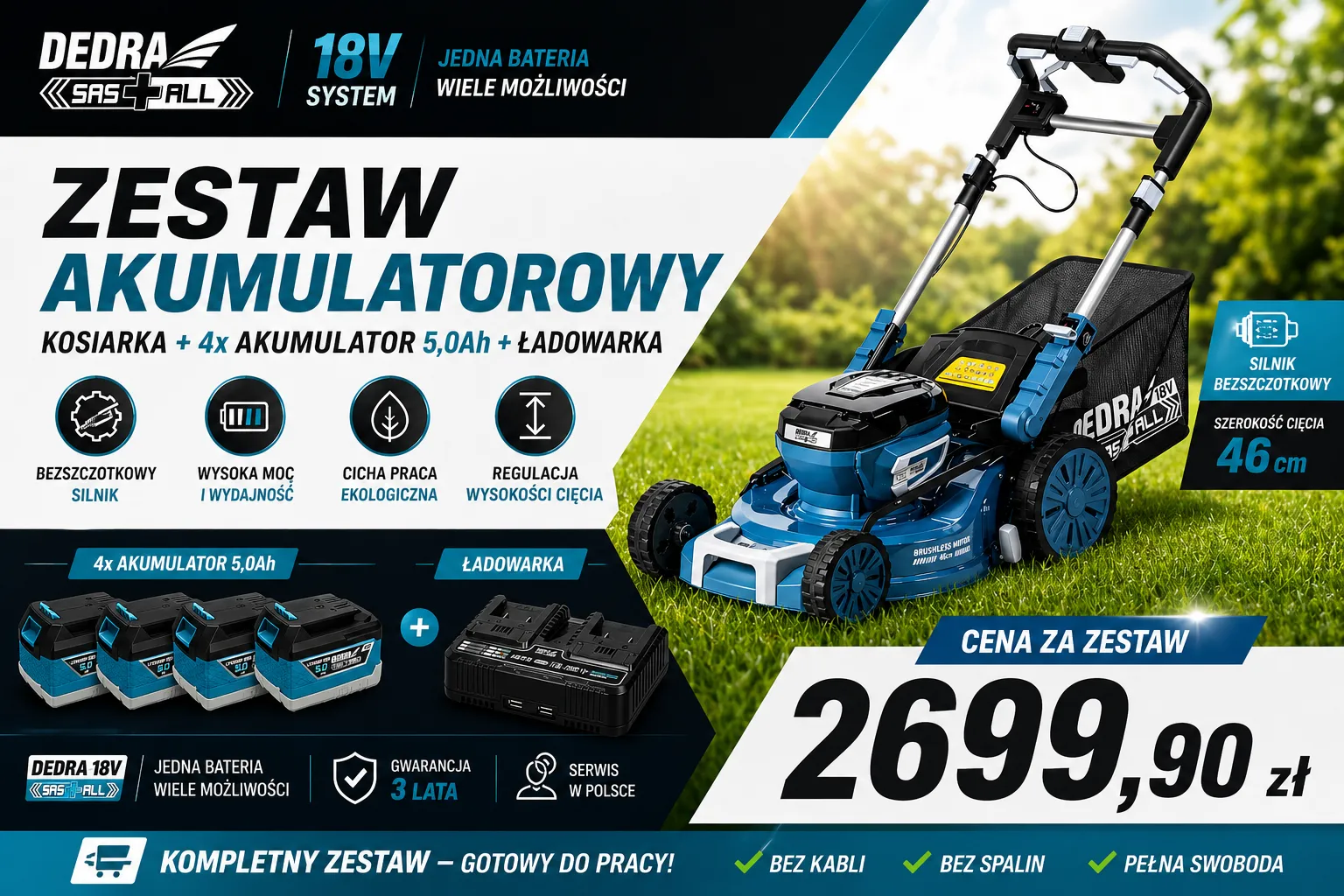 Zestaw akumulatorowy Dedra SAS+ALL z kosiarką 46cm, 4 bateriami 5,0Ah i ładowarką w promocyjnej cenie na tle trawnika.