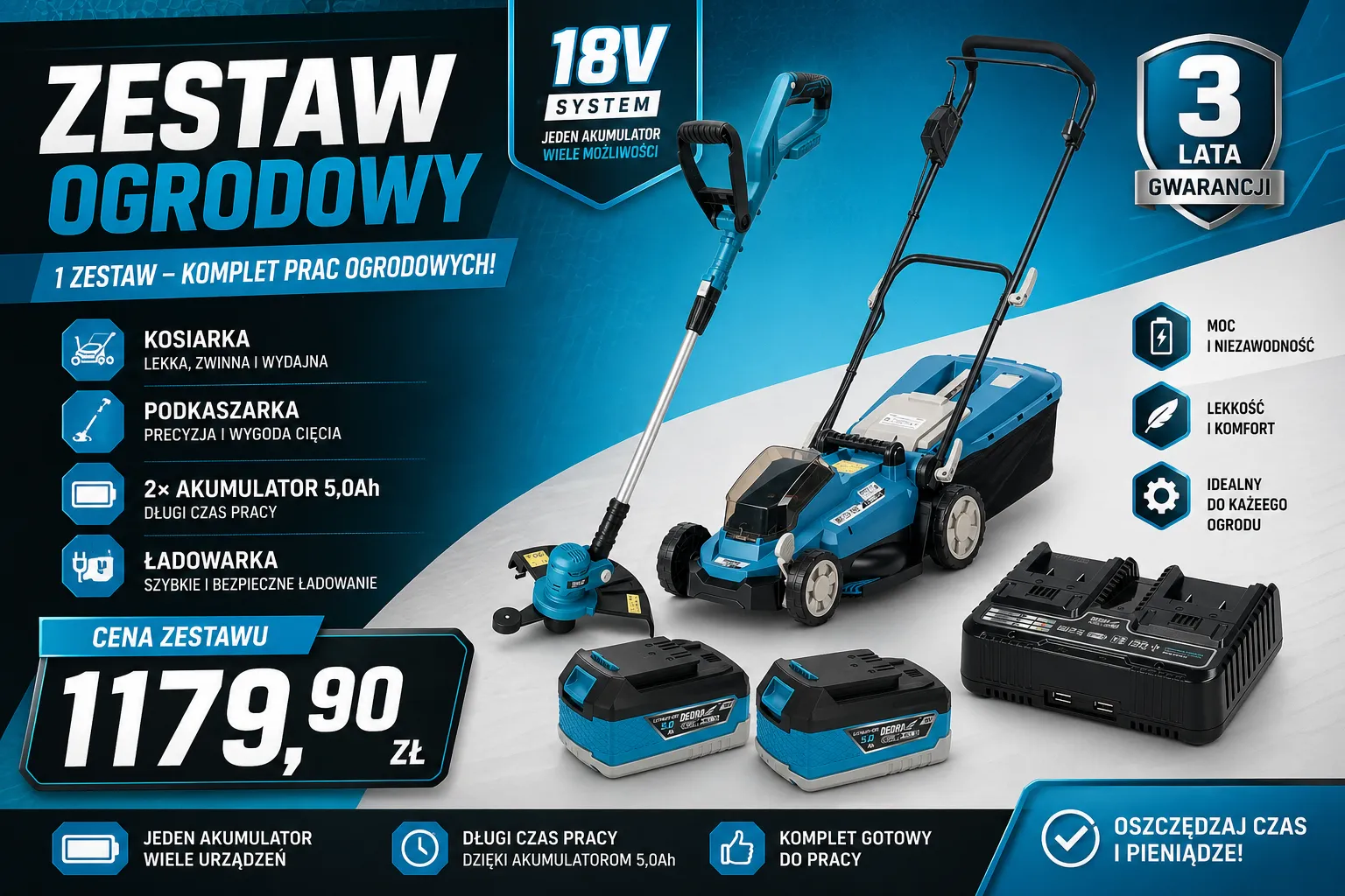 Ulotka promocyjna Dedra przedstawiająca niebieski zestaw ogrodowy akumulatorowy z serii 18V SAS+ALL w cenie 1179,90 zł.