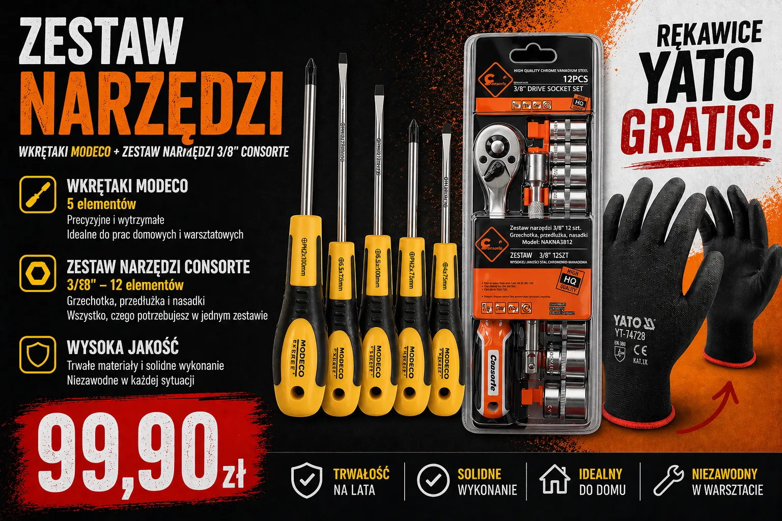 Zestaw narzędzi warsztatowych w promocyjnej cenie: wkrętaki Modeco, komplet kluczy nasadowych 3/8 Consorte oraz ochronne rękawice Yato gratis.