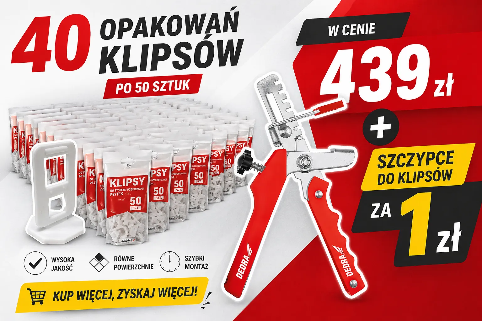 Profesjonalny system poziomowania płytek Dedra: 2000 klipsów w zestawie oraz szczypce za 1 zł.