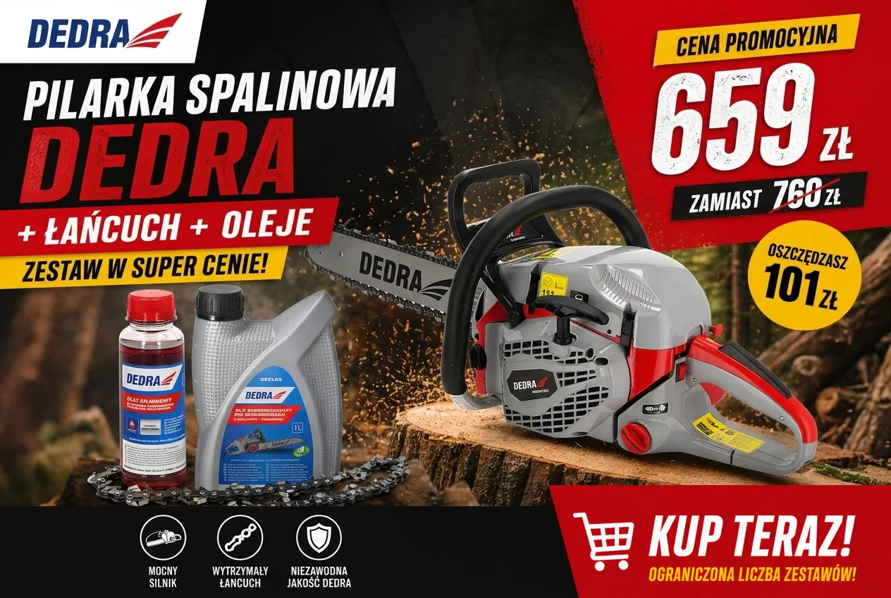 Zestaw promocyjny: pilarka spalinowa Dedra DED8713 z dodatkowym łańcuchem oraz olejem do prowadnicy i mieszanki paliwowej